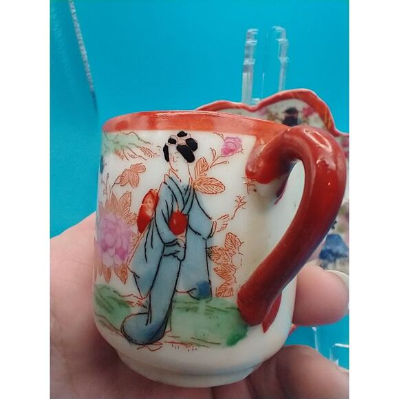 Japanese Kutani Style Porcelain Mug Cup & Saucer Dish – Hand Painted Geishas - Picture 12 of 16